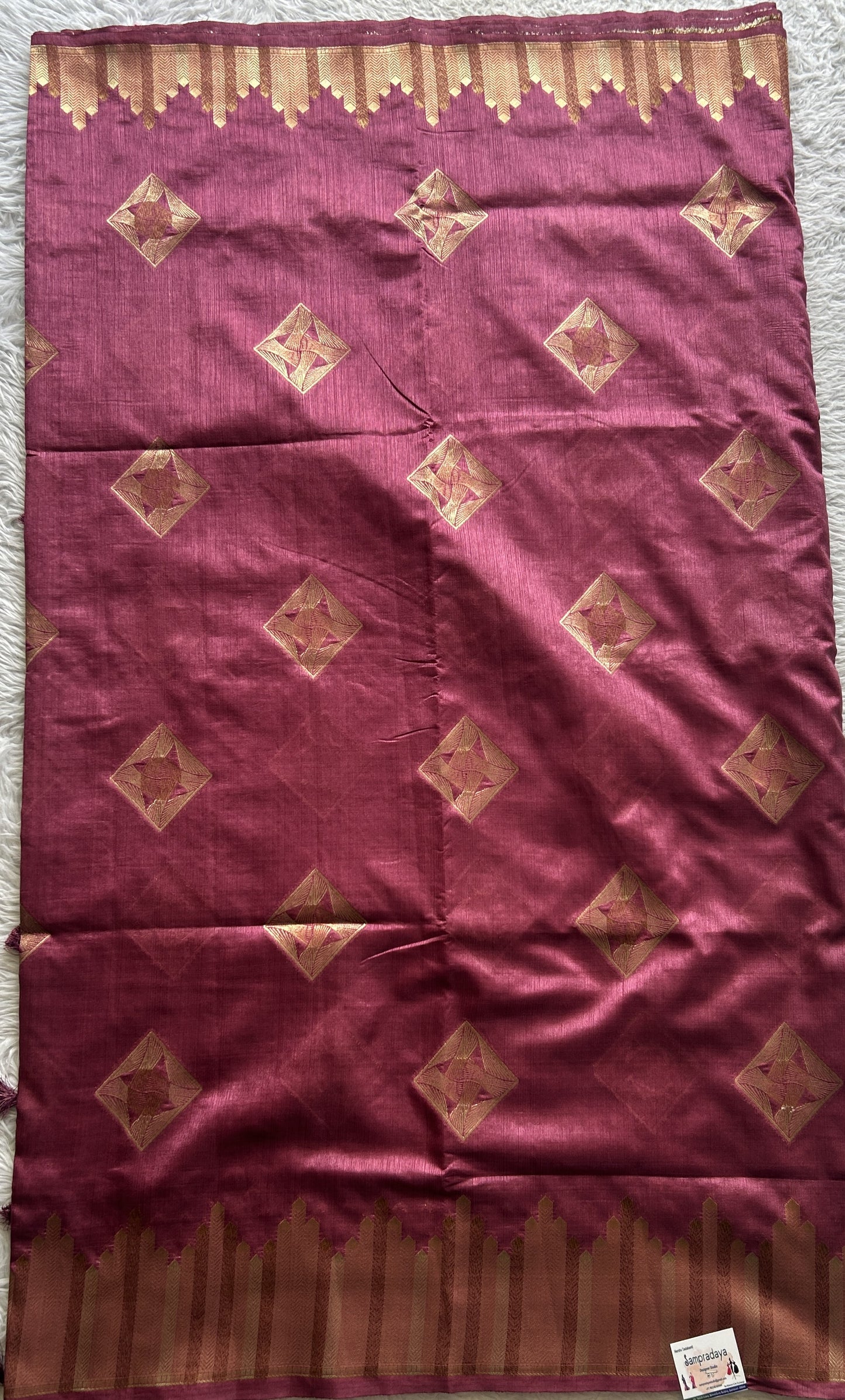 Semi Raw Silk Saree Plum Colored Complemented with a Zari Border. - Sampradaya Designer Studio