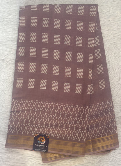 Banarasi Cotton Saree Plum Colored Complemented with a Zari Border. - Sampradaya Designer Studio