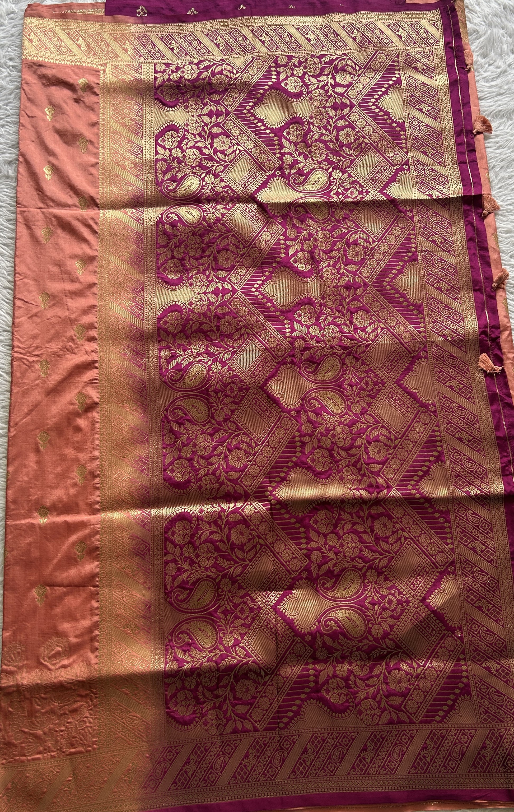 Semi Raw Silk Saree Peach Colored Complemented with a Zari Border. - Sampradaya Designer Studio