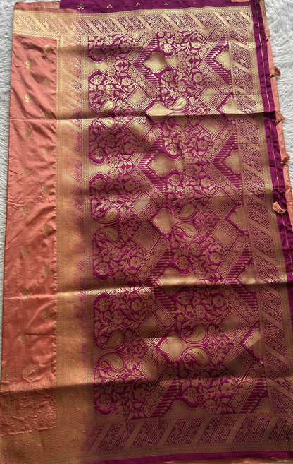 Semi Raw Silk Saree Peach Colored Complemented with a Zari Border. - Sampradaya Designer Studio