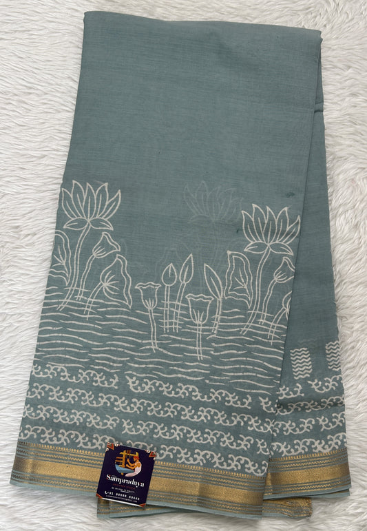 Banarasi Cotton Saree Sea Blue Colored Complemented with a Zari Border. - Sampradaya Designer Studio