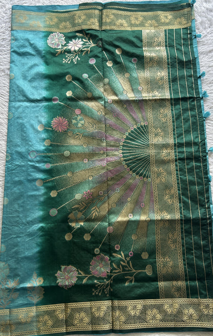 Semi Raw Silk Saree Cyan Blue Colored Complemented with a Zari Border. - Sampradaya Designer Studio