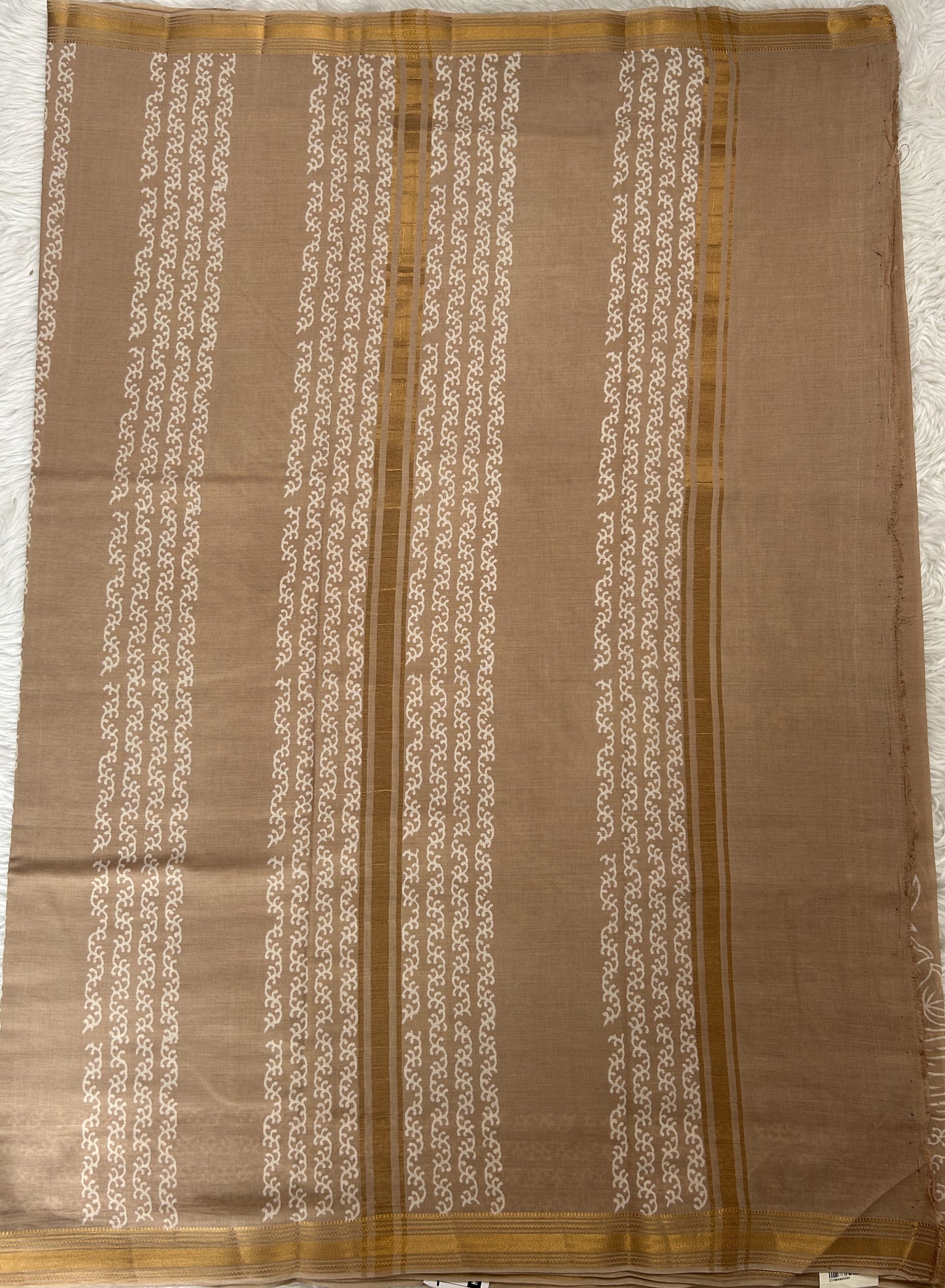 Banarasi Cotton Saree Biscuit Colored Complemented with a Zari Border. - Sampradaya Designer Studio