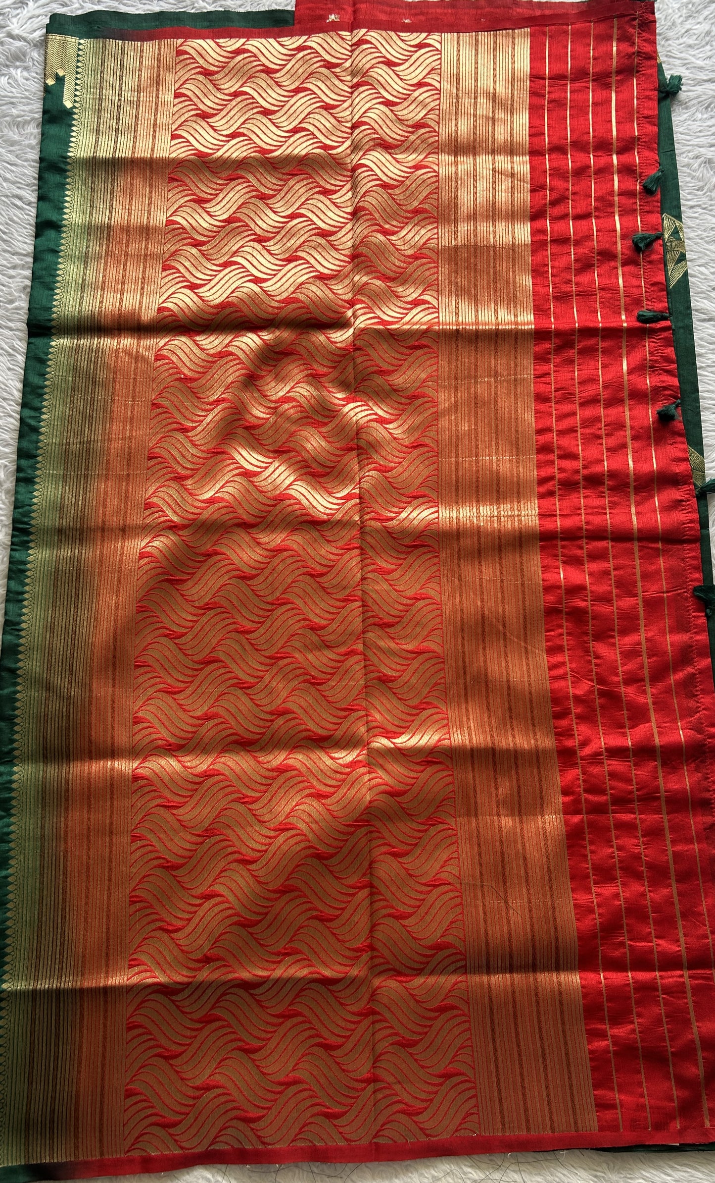 Semi Raw Silk Saree Dark Green Colored Complemented with a Zari Border. - Sampradaya Designer Studio