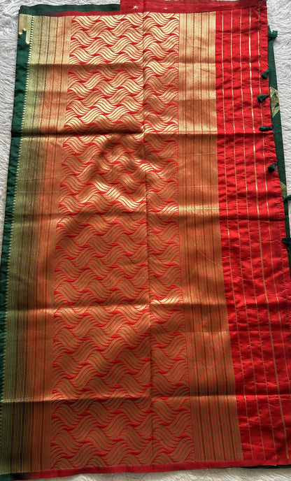 Semi Raw Silk Saree Dark Green Colored Complemented with a Zari Border. - Sampradaya Designer Studio