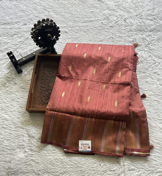 Semi Raw Silk Saree Rust Colored Complemented with a Zari Border. - Sampradaya Designer Studio