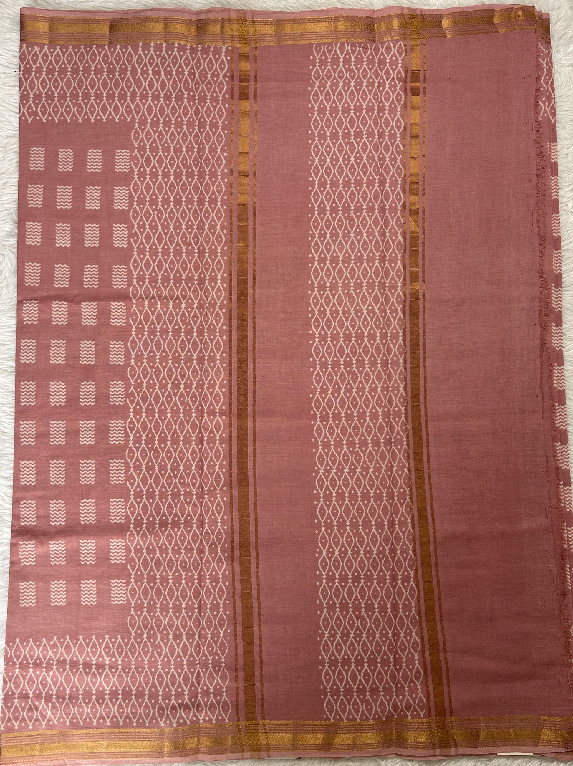 Banarasi Cotton Saree Peach Colored Complemented with a Zari Border. - Sampradaya Designer Studio