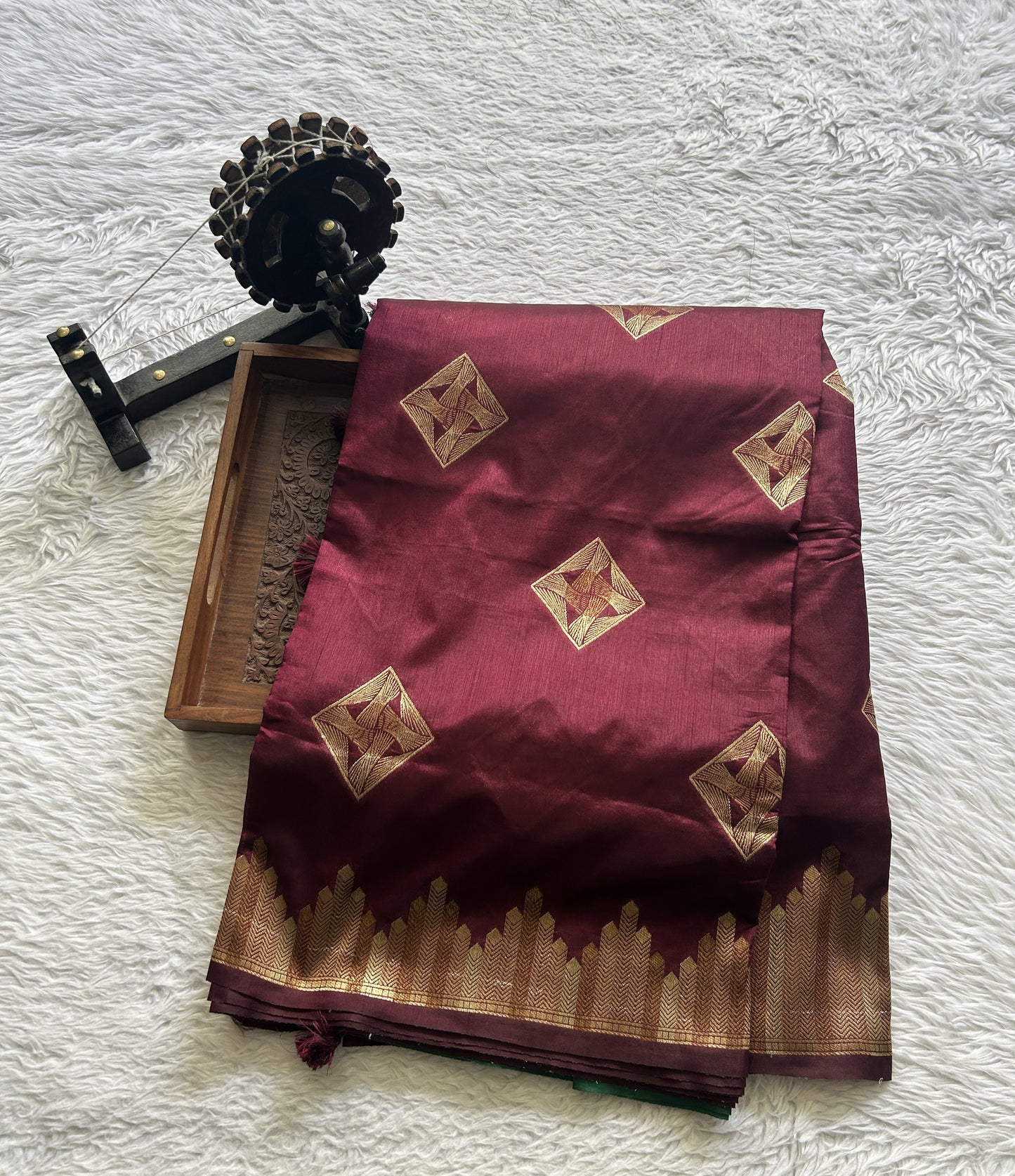 Semi Raw Silk Saree Dark Maroon Colored Complemented with a Zari Border. - Sampradaya Designer Studio