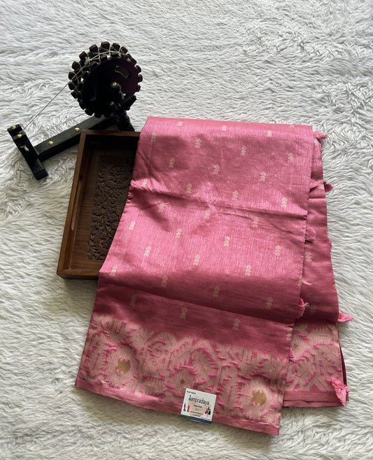 Semi Raw Silk Saree Soft Pink Colored Complemented with a Zari Border. - Sampradaya Designer Studio