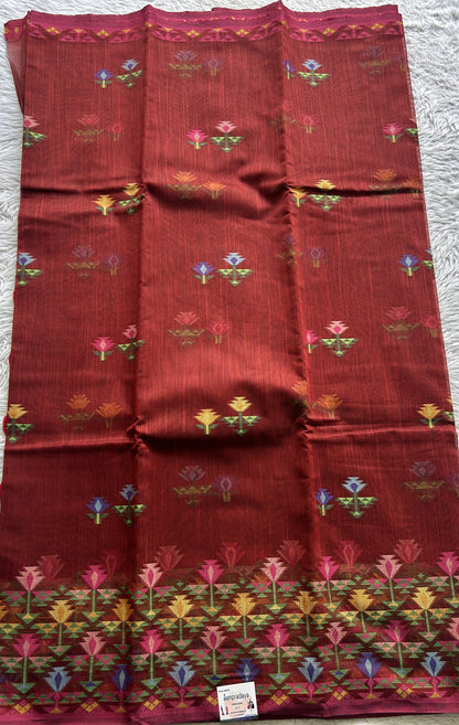 Semi Tussar Saree Maroon Colored complemented with a Thread Border. - Sampradaya Designer Studio