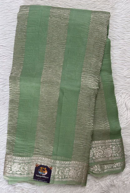 Banarasi Crushed Silk Saree Pastel Green Colored Complemented with a Zari border. - Sampradaya Designer Studio