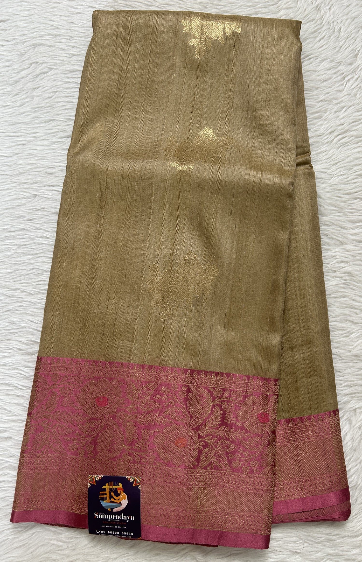 Dupion Silk Saree Beige Colored Complemented with a Onion Pink Color Zari Border. - Sampradaya Designer Studio