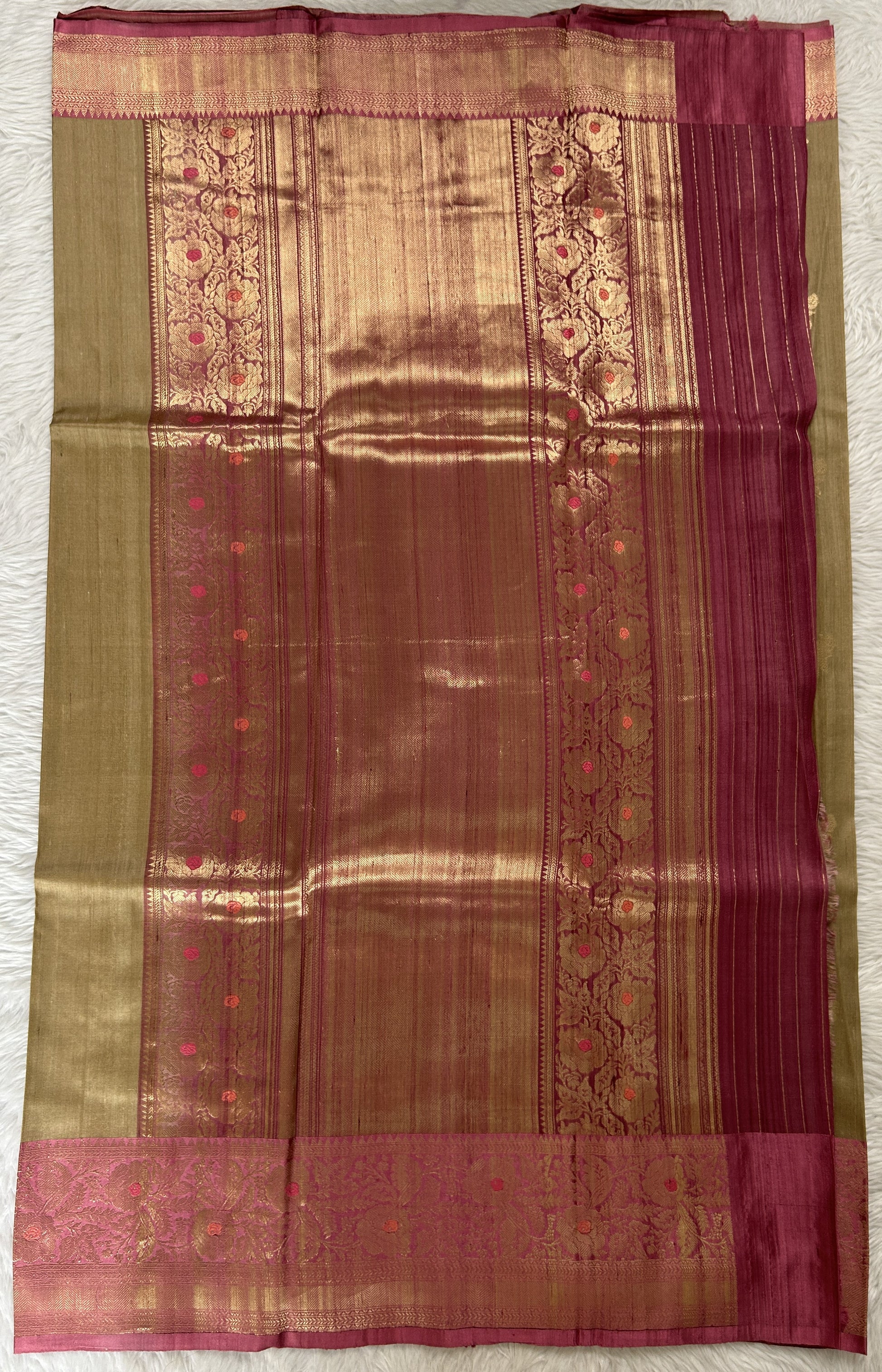 Dupion Silk Saree Beige Colored Complemented with a Onion Pink Color Zari Border. - Sampradaya Designer Studio