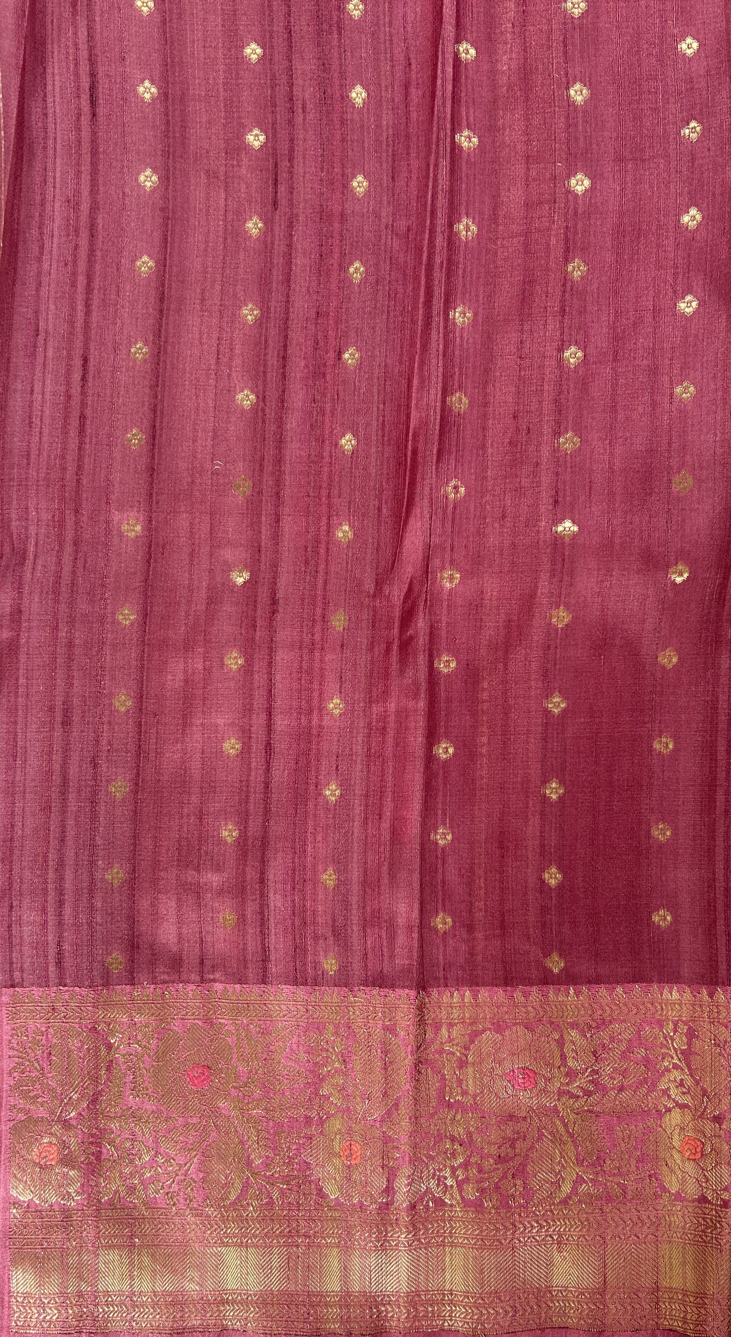 Dupion Silk Saree Beige Colored Complemented with a Onion Pink Color Zari Border. - Sampradaya Designer Studio