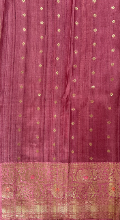 Dupion Silk Saree Beige Colored Complemented with a Onion Pink Color Zari Border. - Sampradaya Designer Studio