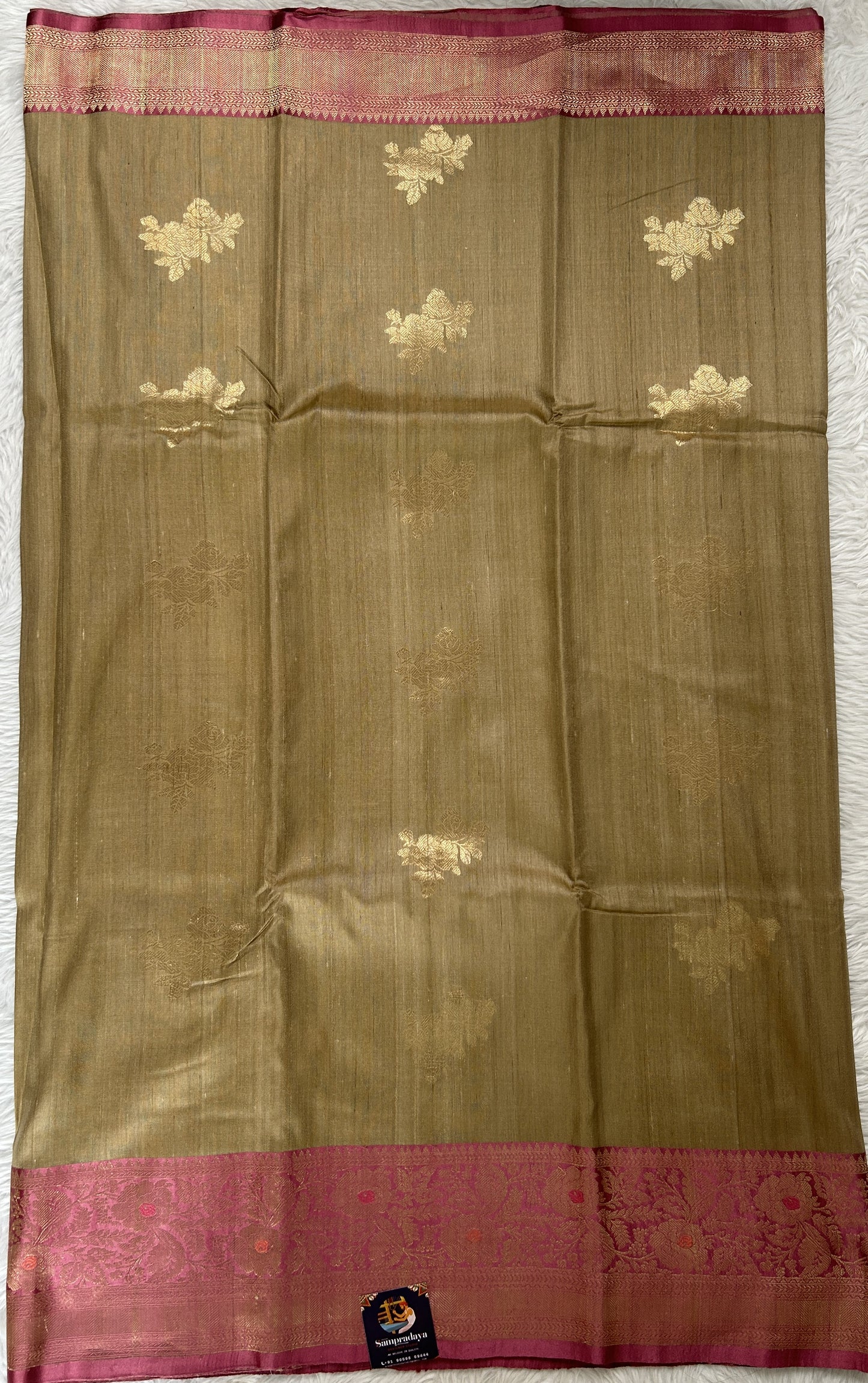 Dupion Silk Saree Beige Colored Complemented with a Onion Pink Color Zari Border. - Sampradaya Designer Studio