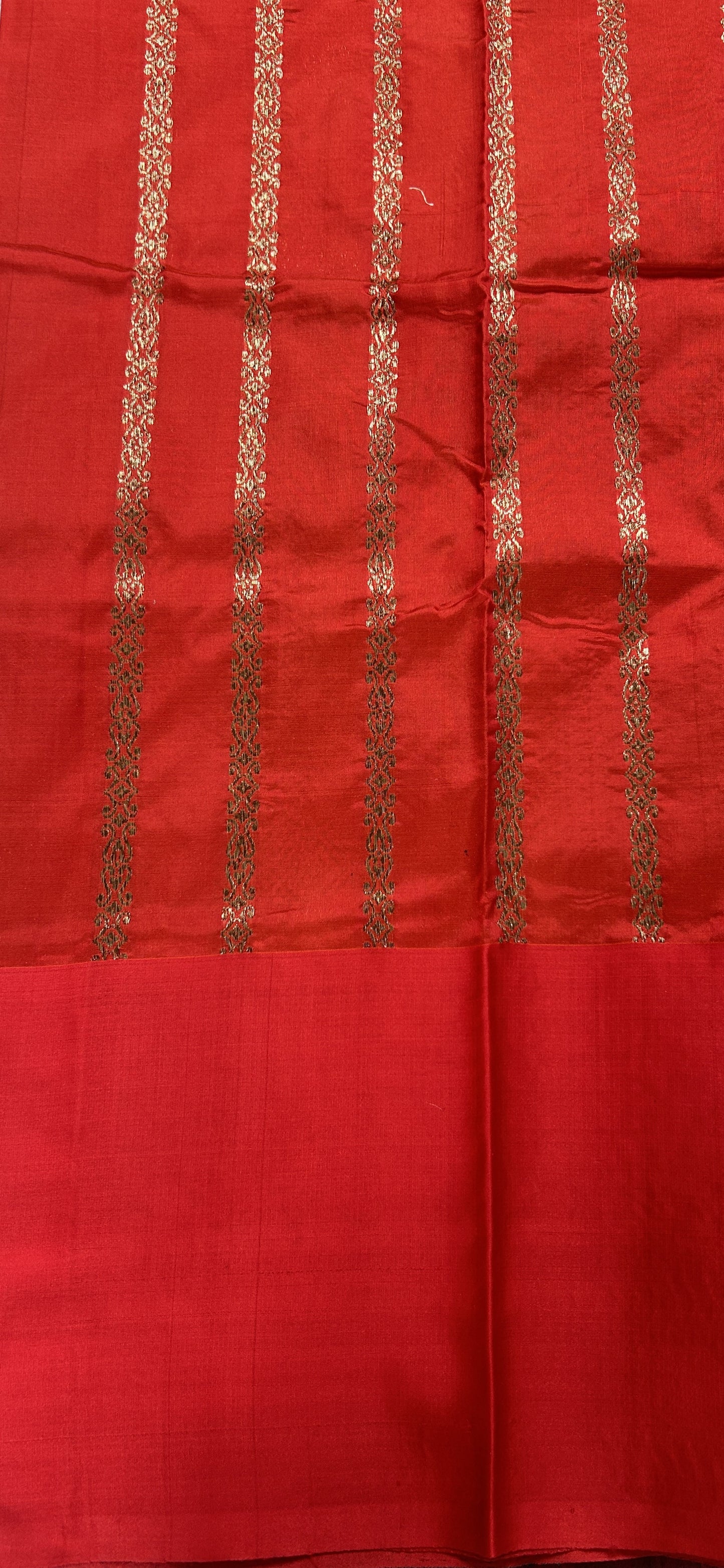 Dupion Silk Saree Bottle Green Colored Complemented with a Red Color Zari Border. - Sampradaya Designer Studio