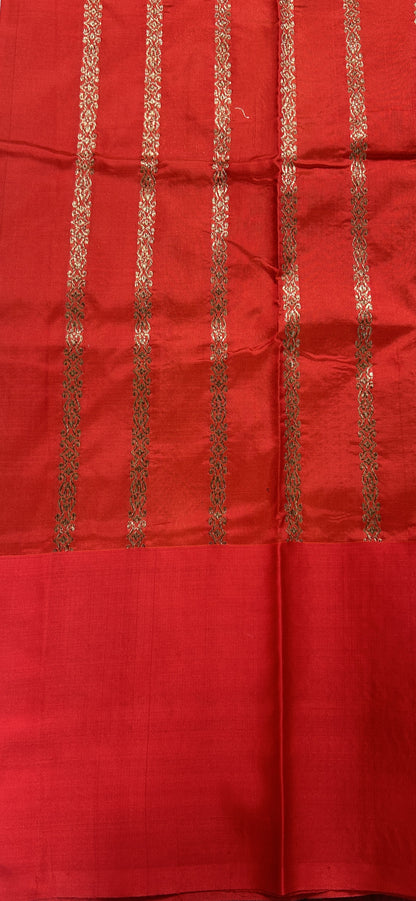 Dupion Silk Saree Bottle Green Colored Complemented with a Red Color Zari Border. - Sampradaya Designer Studio