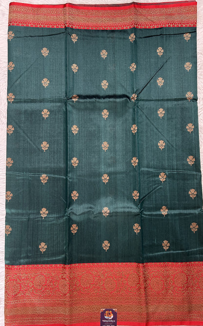 Dupion Silk Saree Bottle Green Colored Complemented with a Red Color Zari Border. - Sampradaya Designer Studio