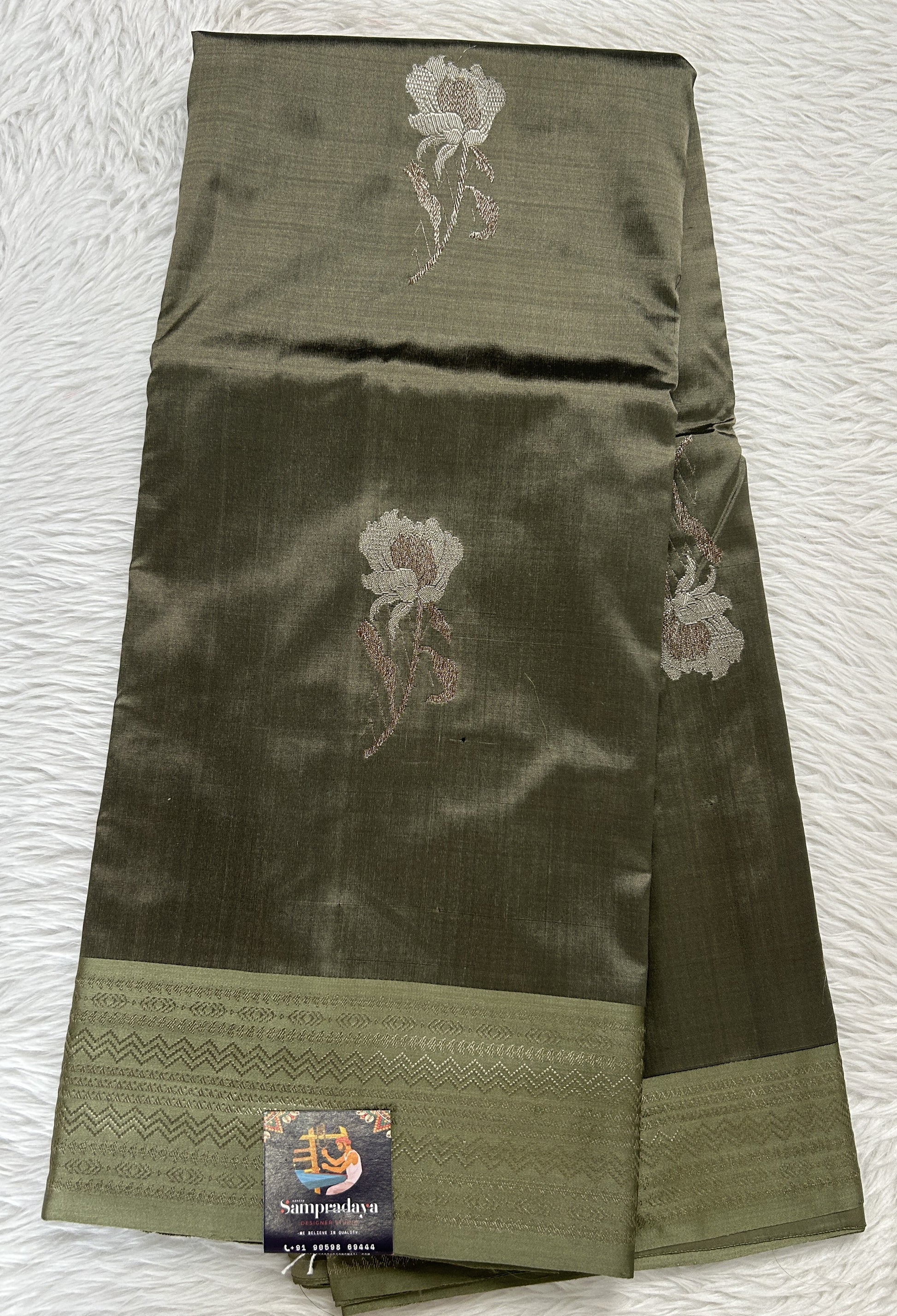 Banarasi Katan Silk Saree Olive Green Colored Complemented with a Zari border. - Sampradaya Designer Studio