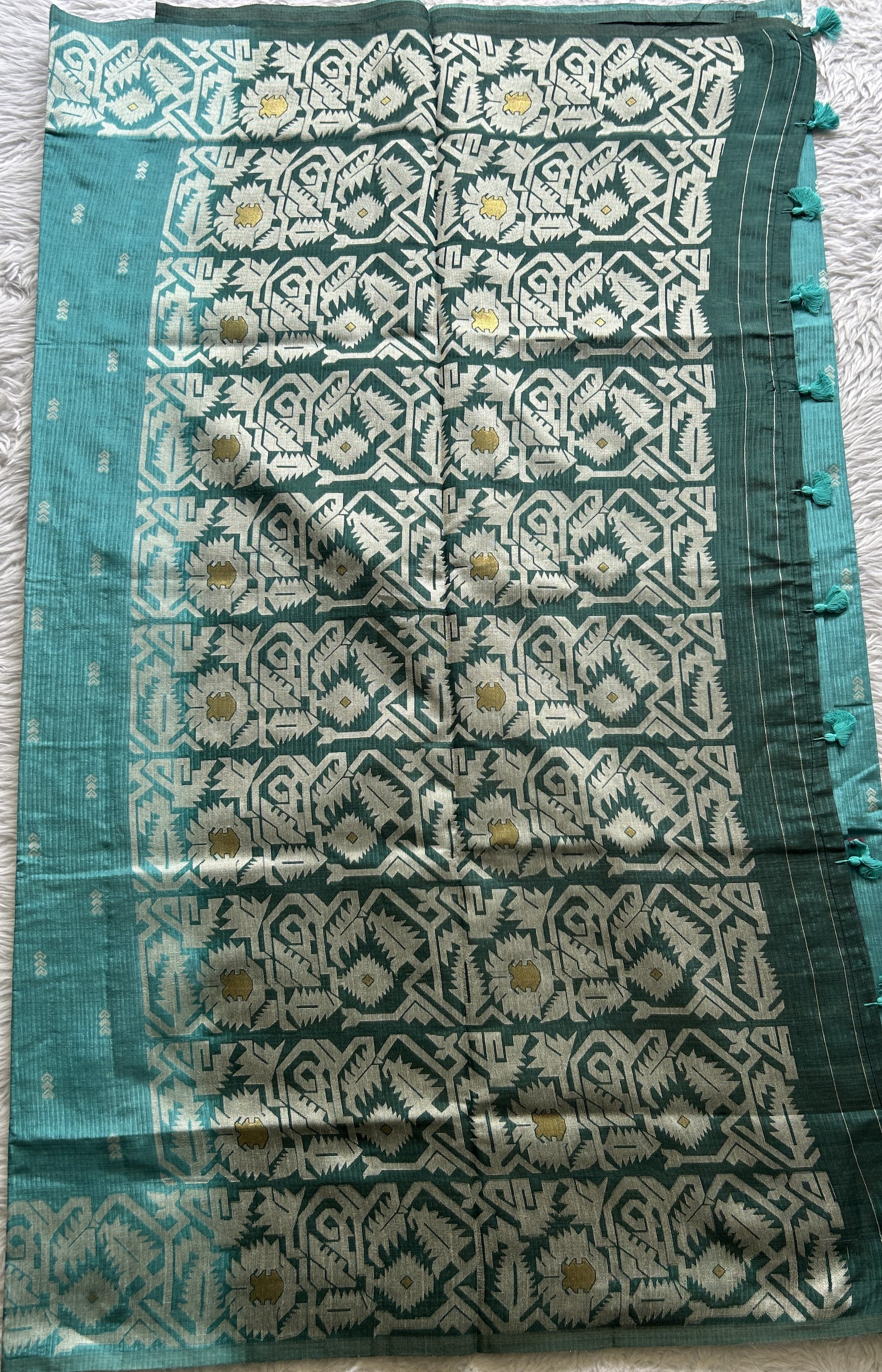 Semi Raw Silk Saree Aqua Blue Colored Complemented with a Zari Border. - Sampradaya Designer Studio