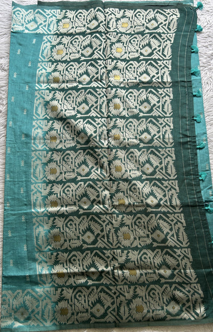 Semi Raw Silk Saree Aqua Blue Colored Complemented with a Zari Border. - Sampradaya Designer Studio