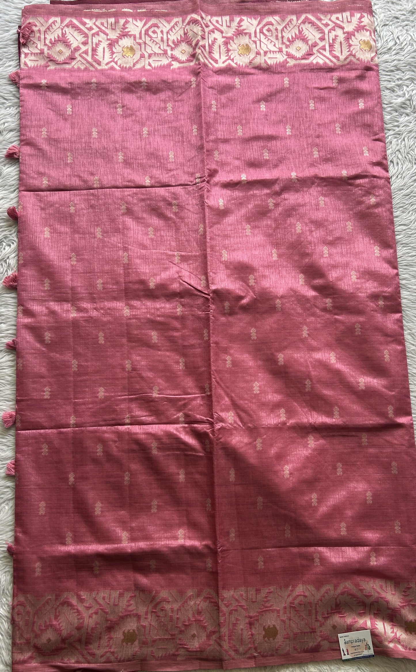 Semi Raw Silk Saree Soft Pink Colored Complemented with a Zari Border. - Sampradaya Designer Studio