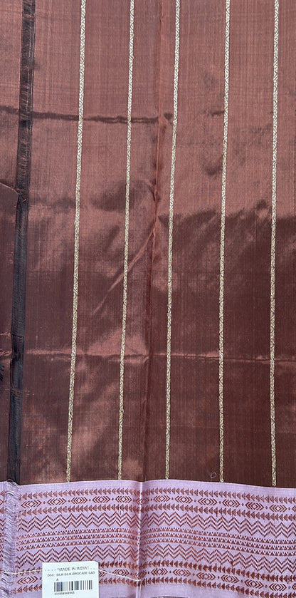 Banarasi Katan Silk Saree Brown Colored Complemented with a Lilac Color Zari border. - Sampradaya Designer Studio