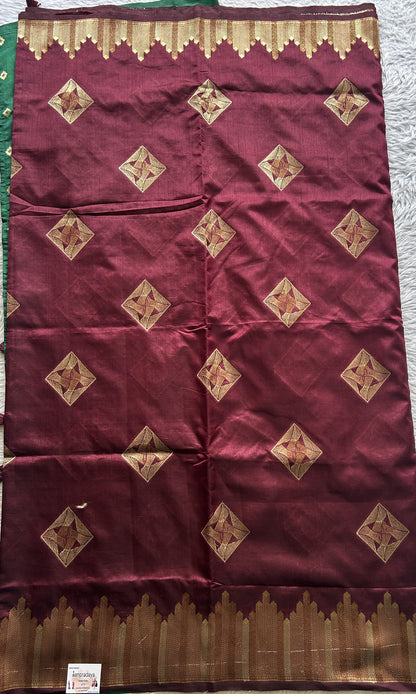 Semi Raw Silk Saree Dark Maroon Colored Complemented with a Zari Border. - Sampradaya Designer Studio