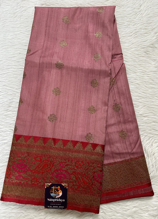 Dupion Silk Saree Pink Colored Complemented with a Maroon Color Zari Border. - Sampradaya Designer Studio