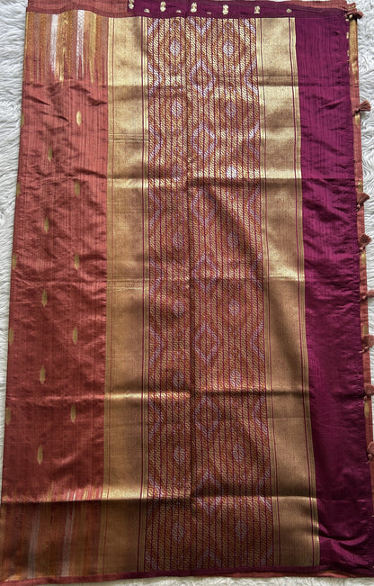 Semi Raw Silk Saree Rust Colored Complemented with a Zari Border. - Sampradaya Designer Studio