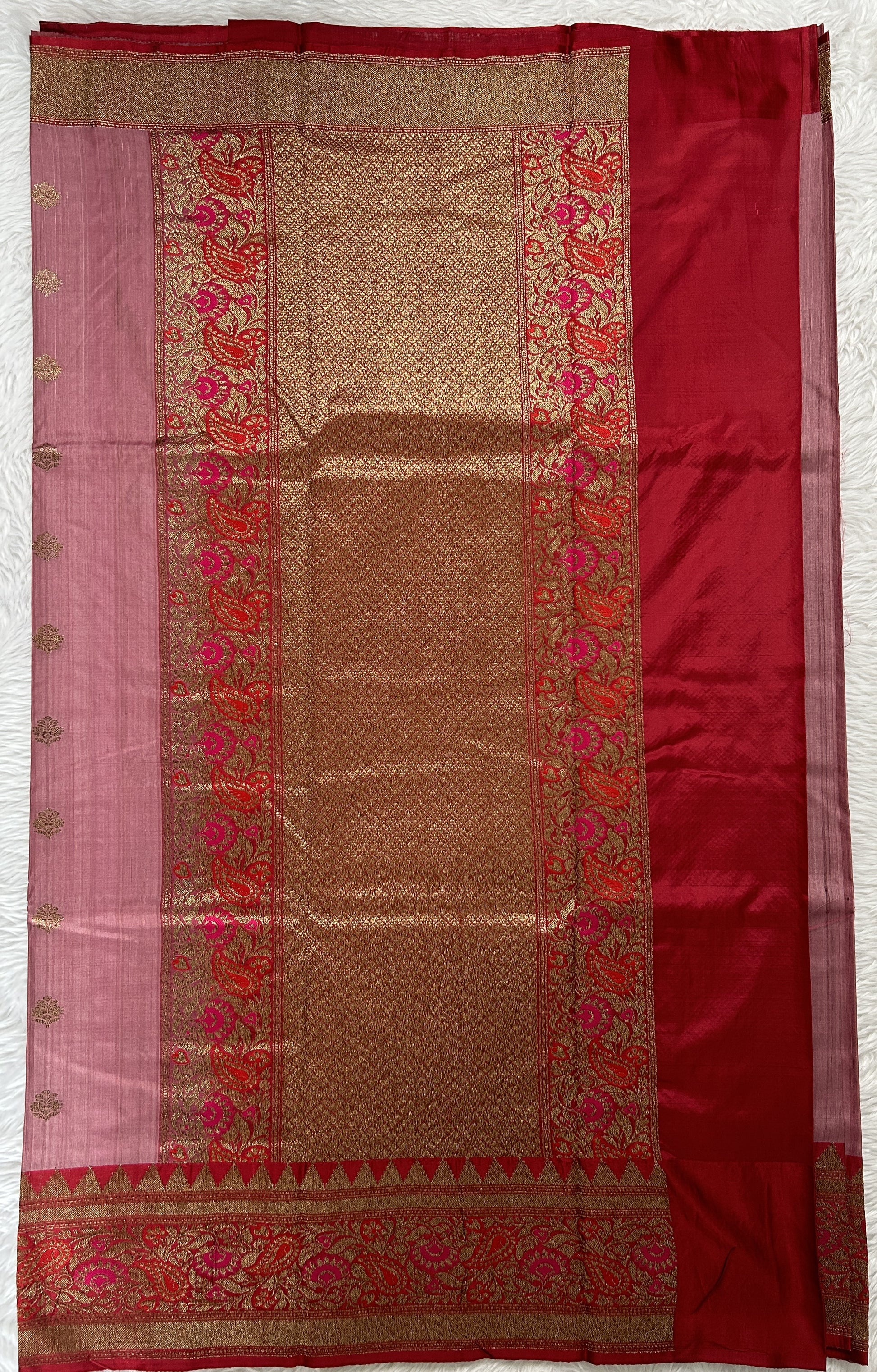 Dupion Silk Saree Pink Colored Complemented with a Maroon Color Zari Border. - Sampradaya Designer Studio