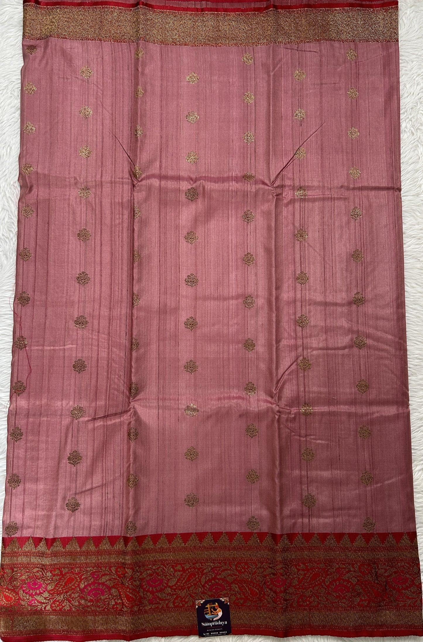 Dupion Silk Saree Pink Colored Complemented with a Maroon Color Zari Border. - Sampradaya Designer Studio