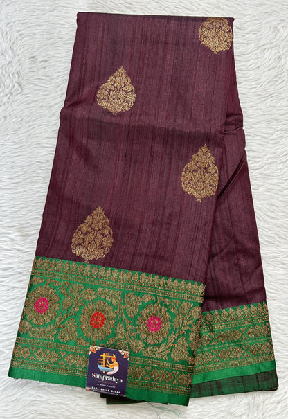 Dupion Silk Saree Brown Colored Complemented with a Green Color Zari Border. - Sampradaya Designer Studio