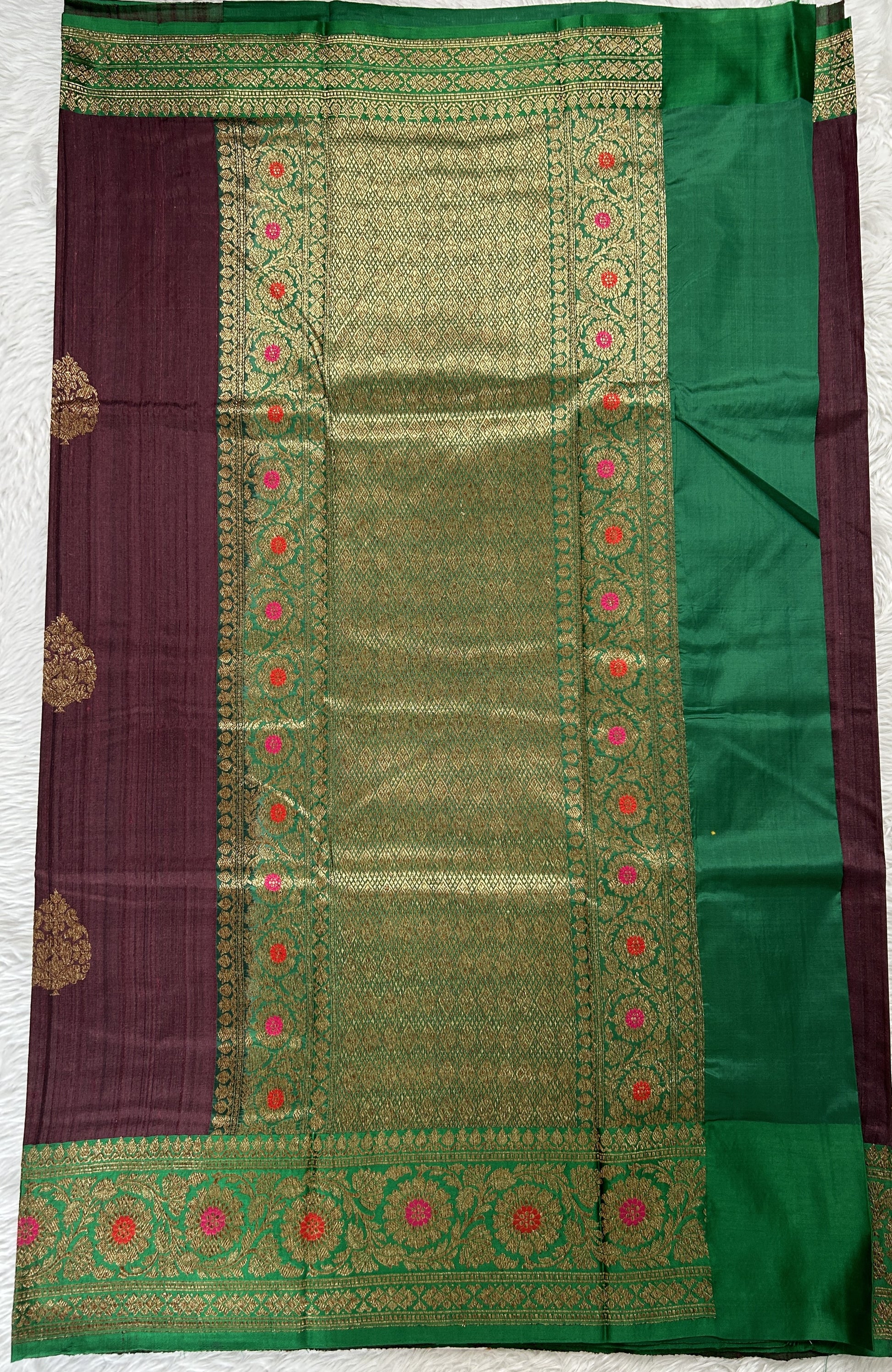 Dupion Silk Saree Brown Colored Complemented with a Green Color Zari Border. - Sampradaya Designer Studio