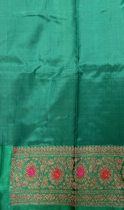 Dupion Silk Saree Brown Colored Complemented with a Green Color Zari Border. - Sampradaya Designer Studio