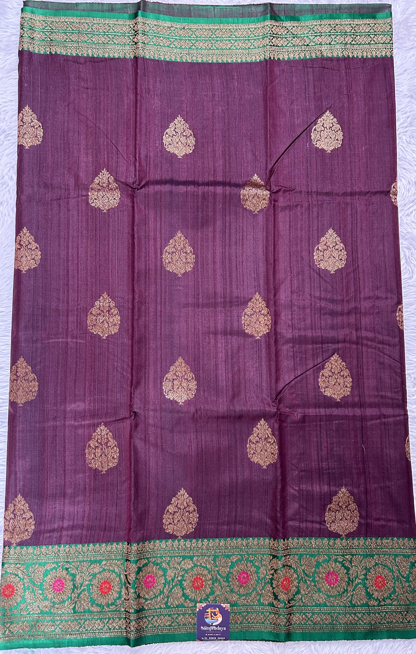 Dupion Silk Saree Brown Colored Complemented with a Green Color Zari Border. - Sampradaya Designer Studio