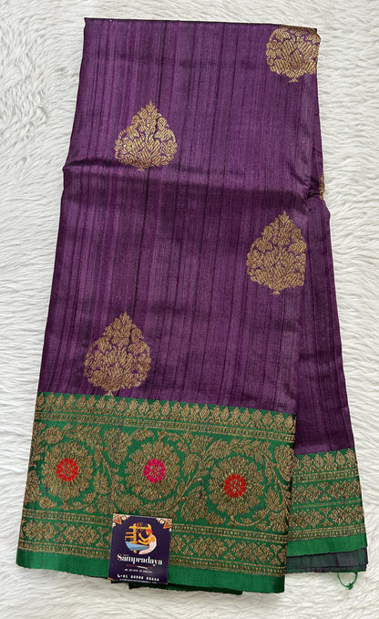 Dupion Silk Saree Brinjal Colored Complemented with a Green Color Zari Border. - Sampradaya Designer Studio