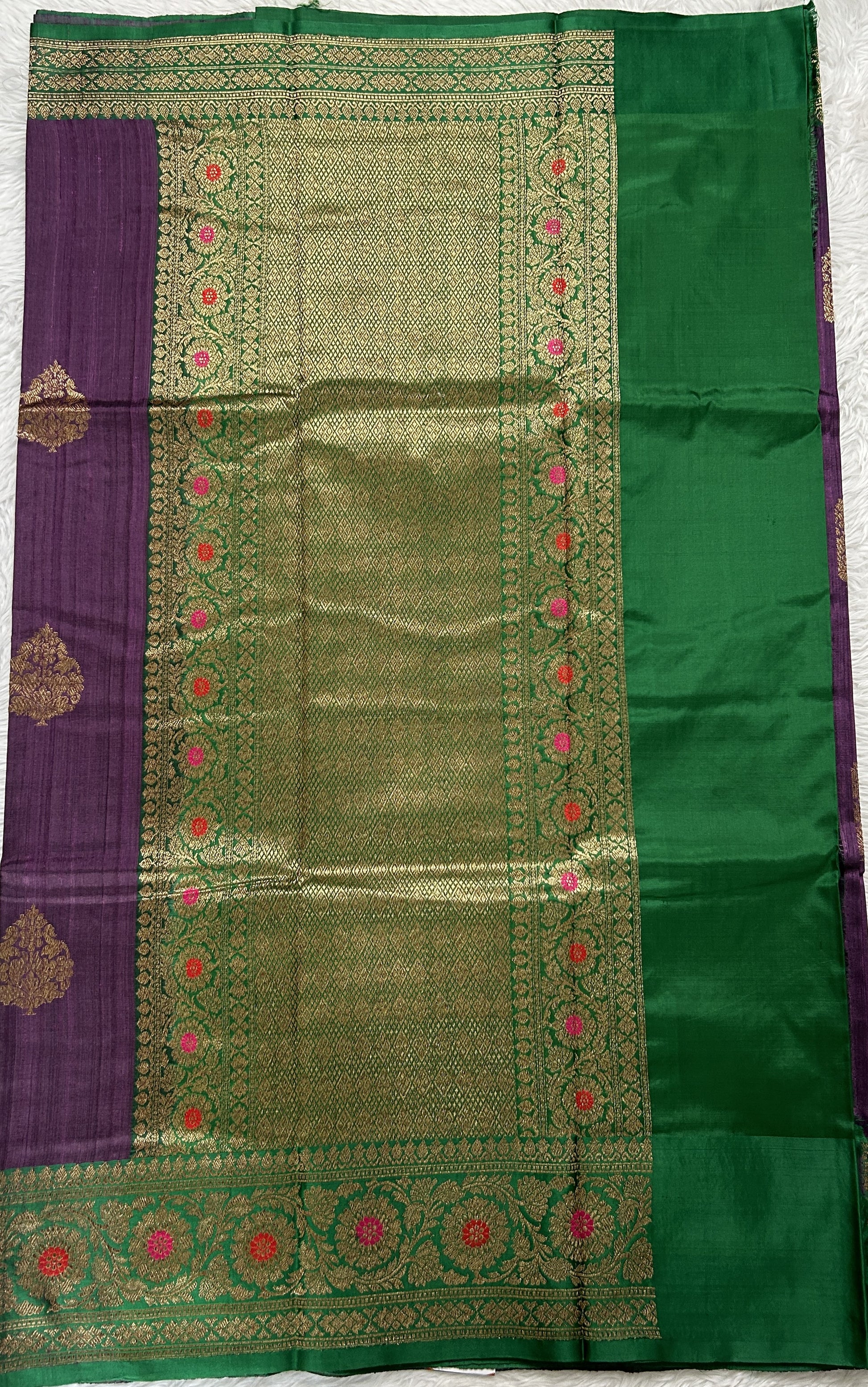 Dupion Silk Saree Brinjal Colored Complemented with a Green Color Zari Border. - Sampradaya Designer Studio