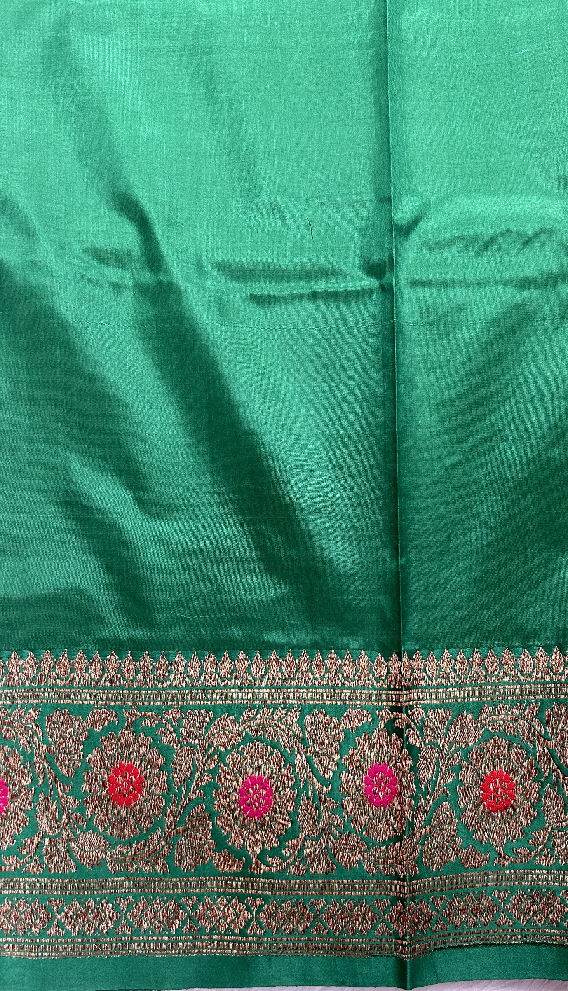 Dupion Silk Saree Brinjal Colored Complemented with a Green Color Zari Border. - Sampradaya Designer Studio