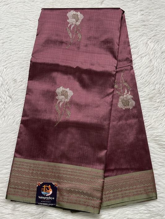 Banarasi Katan Silk Saree Mauve Colored Complemented with a Olive Green Color Zari border. - Sampradaya Designer Studio