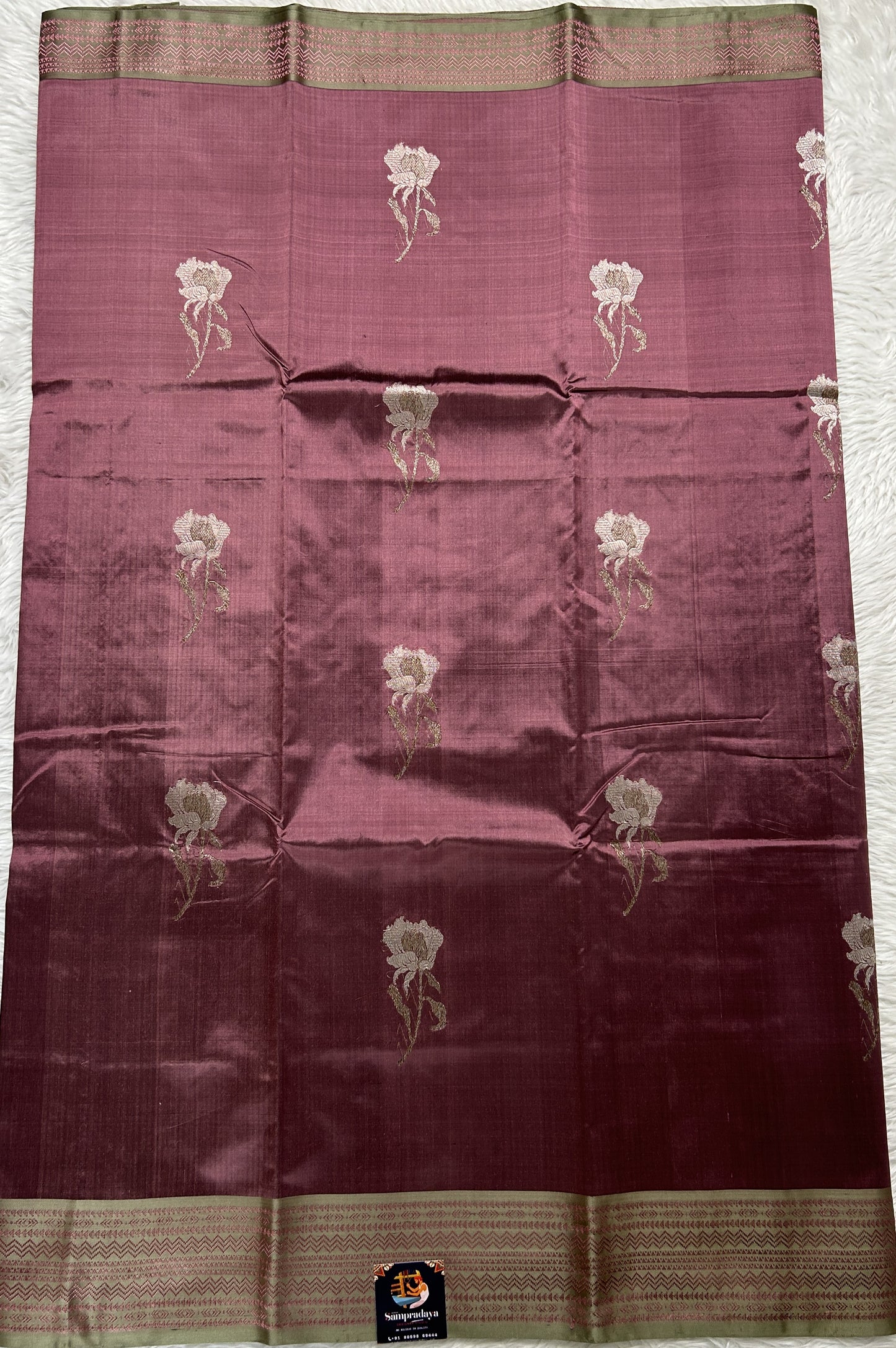 Banarasi Katan Silk Saree Mauve Colored Complemented with a Olive Green Color Zari border. - Sampradaya Designer Studio