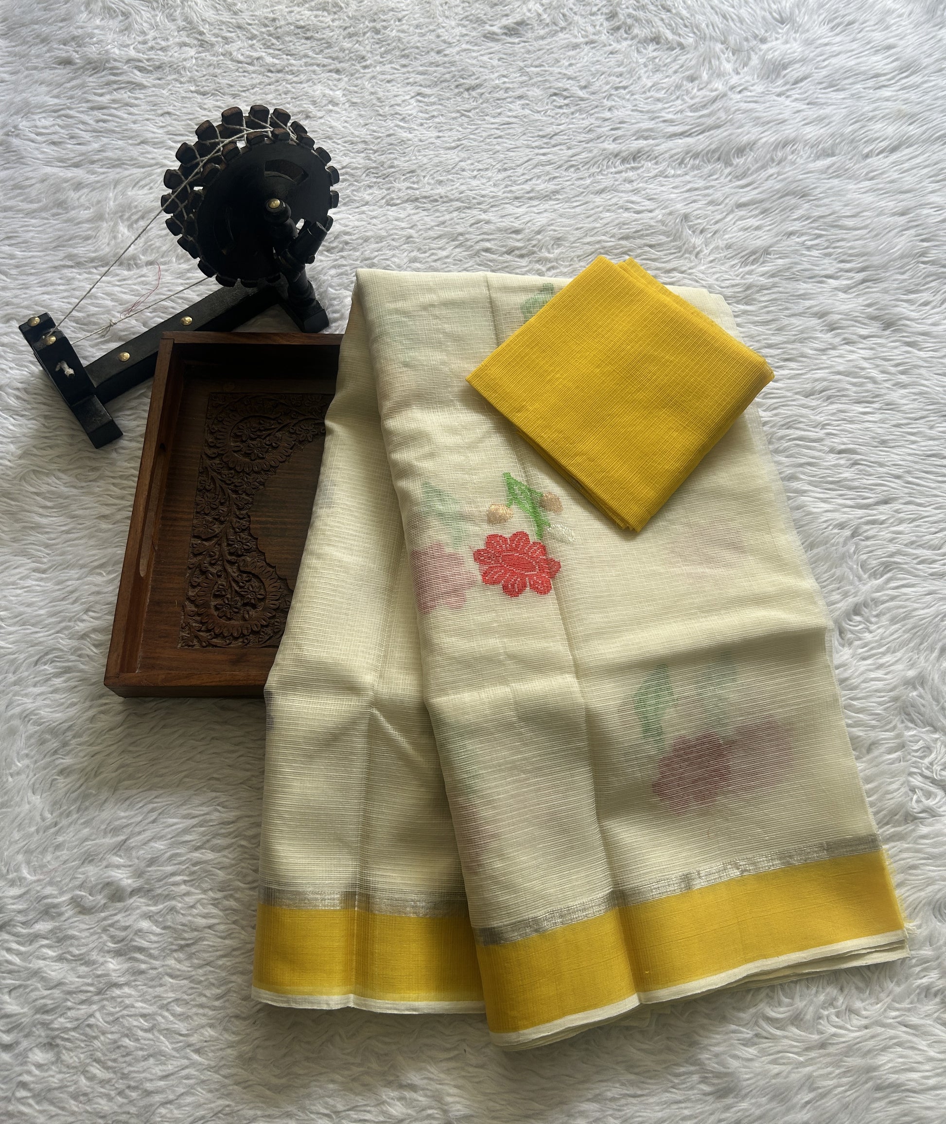 Pure Zarikota Saree Cream Colored Complemented with a Yellow Zari border. - Sampradaya Designer Studio