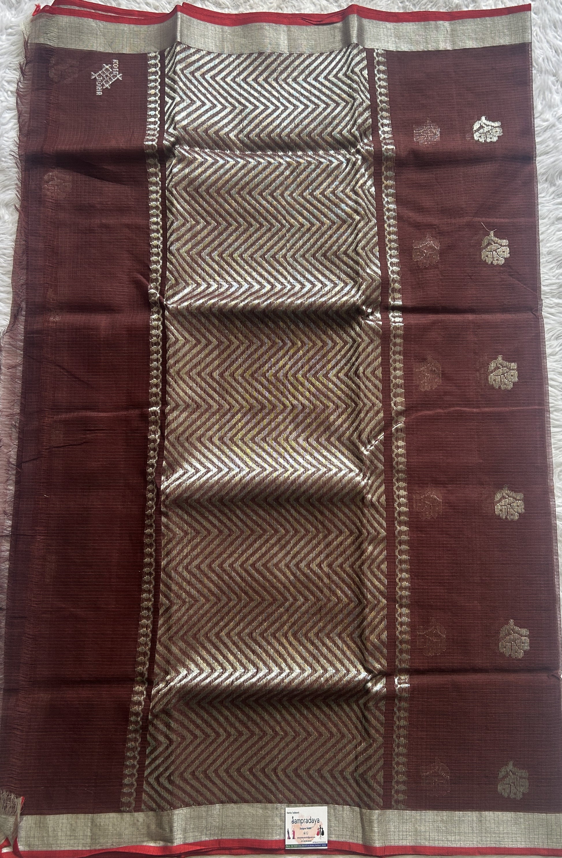 Pure Zarikota Saree Brown Colored Complemented with a Yellow Zari border. - Sampradaya Designer Studio