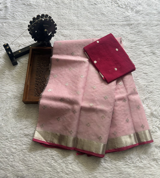 Pure Zarikota Saree Baby Pink Colored Complemented with a Zari border. - Sampradaya Designer Studio