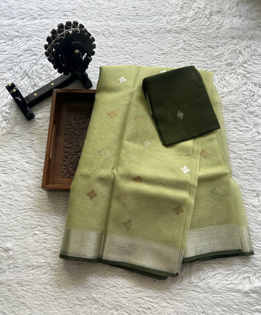 Pure Zarikota Saree Olive Green Colored Complemented with a Zari border. - Sampradaya Designer Studio