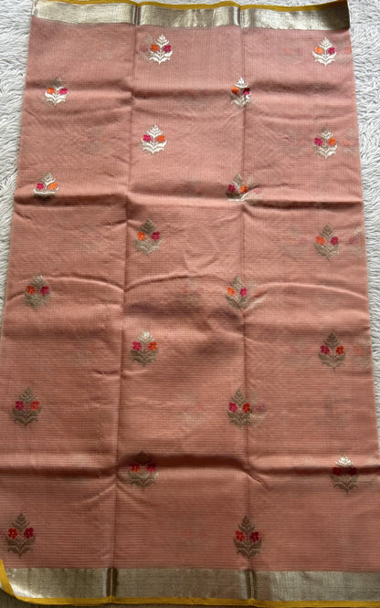 Pure Zarikota Saree Peach Colored Complemented with a Zari border. - Sampradaya Designer Studio