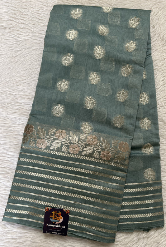 Maheshwari Chanderi Cotton Saree Sea Blue Colored Complemented with a Zari Border. - Sampradaya Designer Studio