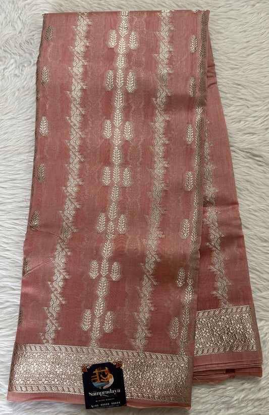 Maheshwari Chanderi Cotton Saree Pink Colored Complemented with a Zari Border. - Sampradaya Designer Studio