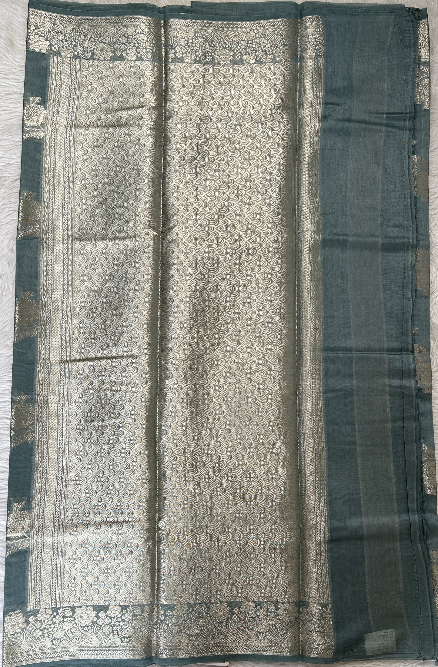 Maheshwari Chanderi Cotton Saree Bluish Grey Colored Complemented with a Zari Border. - Sampradaya Designer Studio